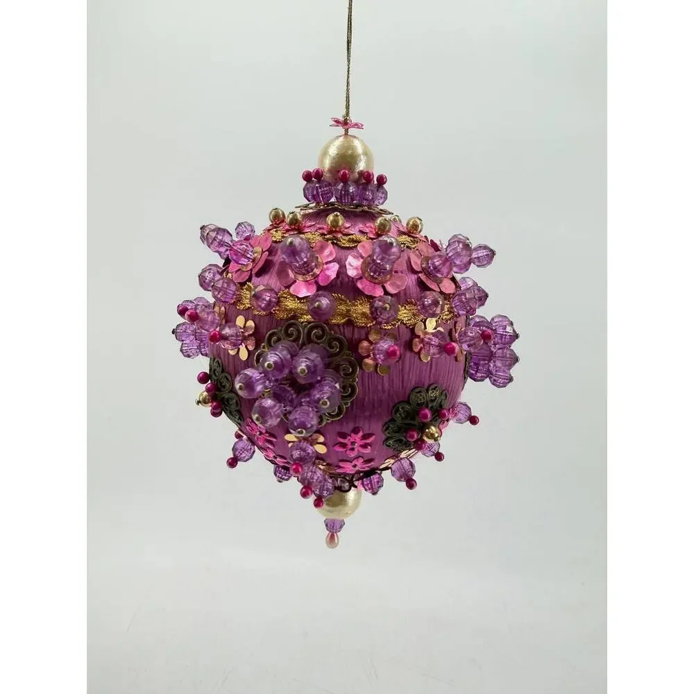 Vintage Handmade Beaded Christmas Ornament Pink Gold Sequin Ball OOAK Decor